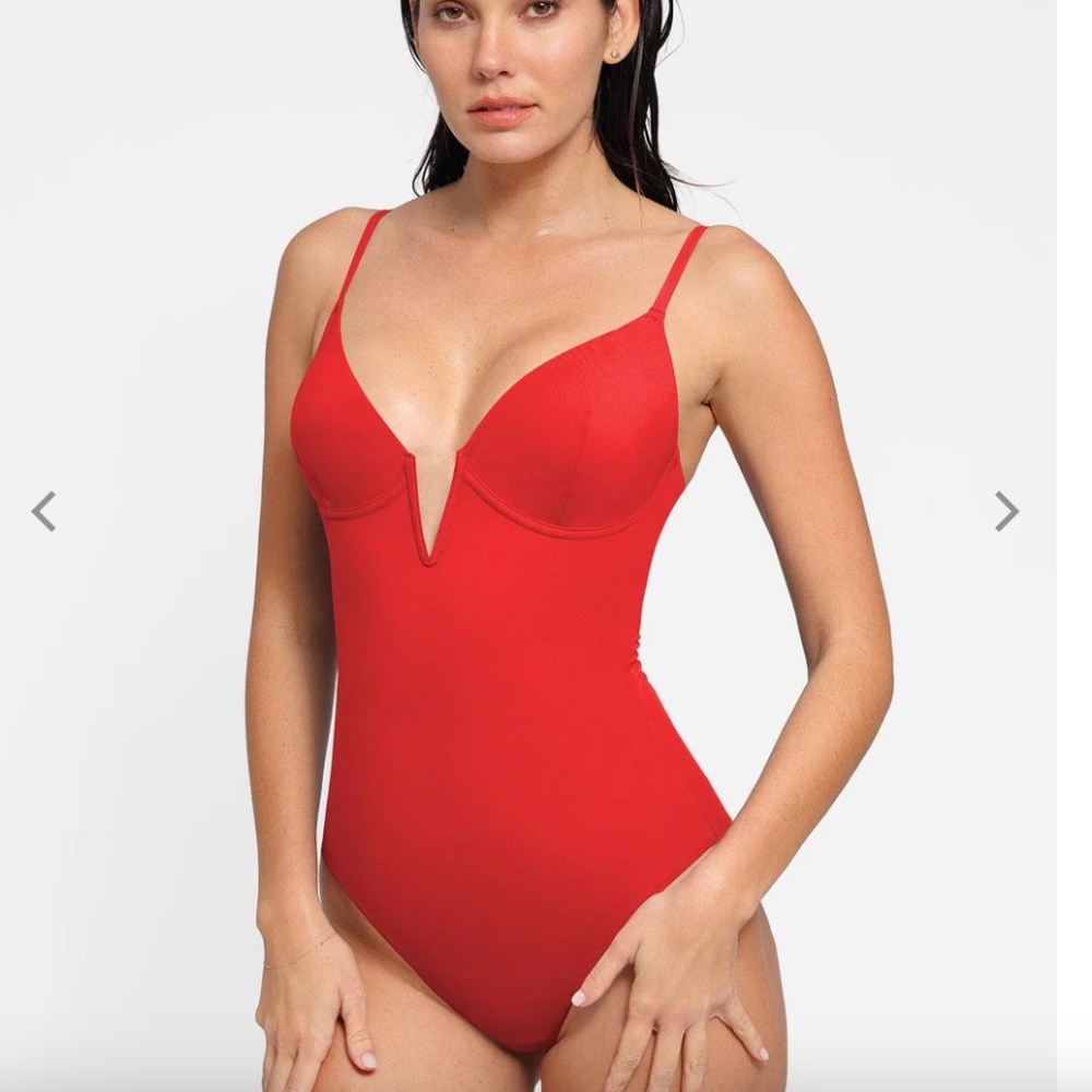 Plunge V-Neck Red One-Piece Swimsuit